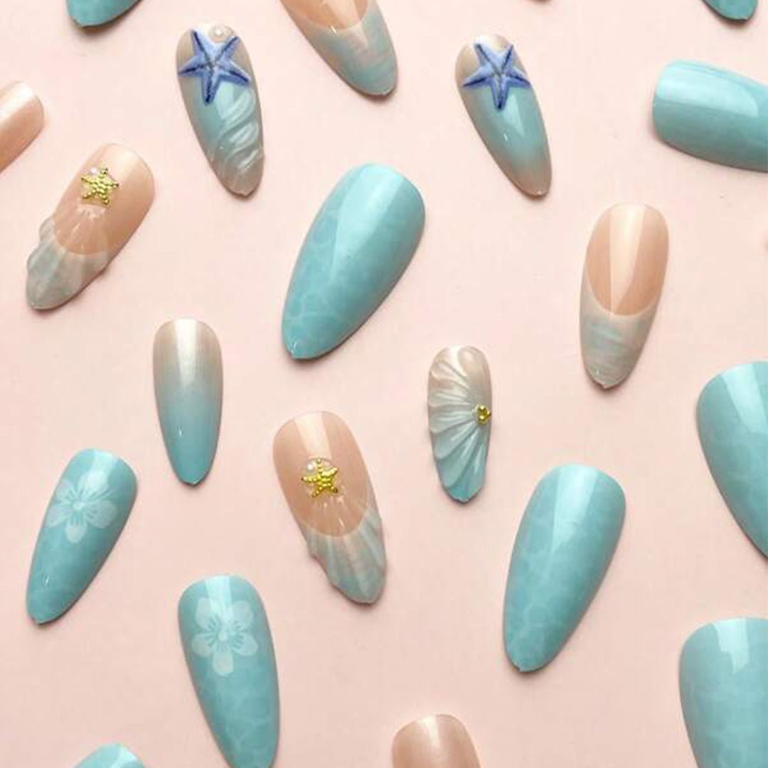 SHEIN 24pcs Almond French Elegant 3D Ocean Style Starfish Press On Nails Press On Nails - XOXO cosmetics