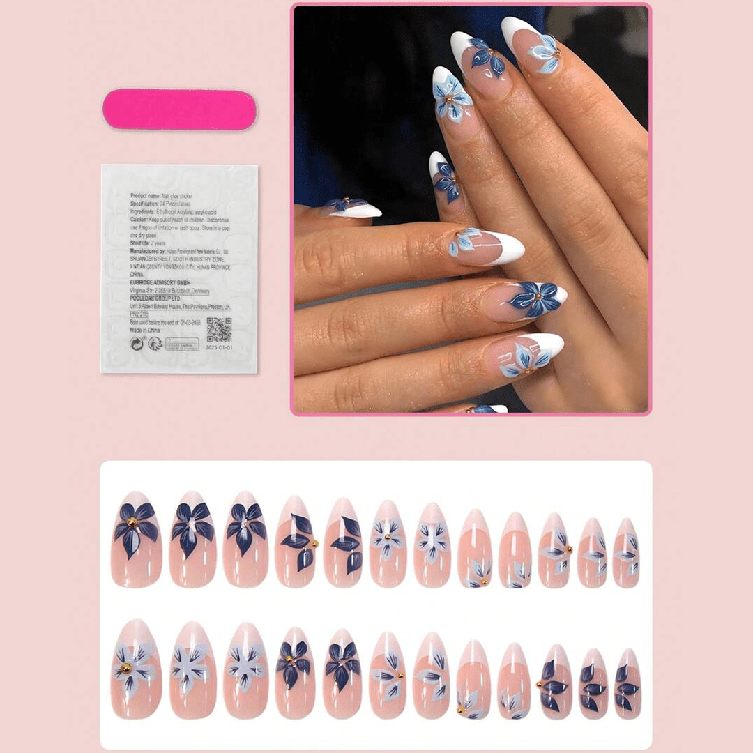 SHEIN 24pcs Almond-Shaped 3D Flower White French Press On Nails Press On Nails - XOXO cosmetics