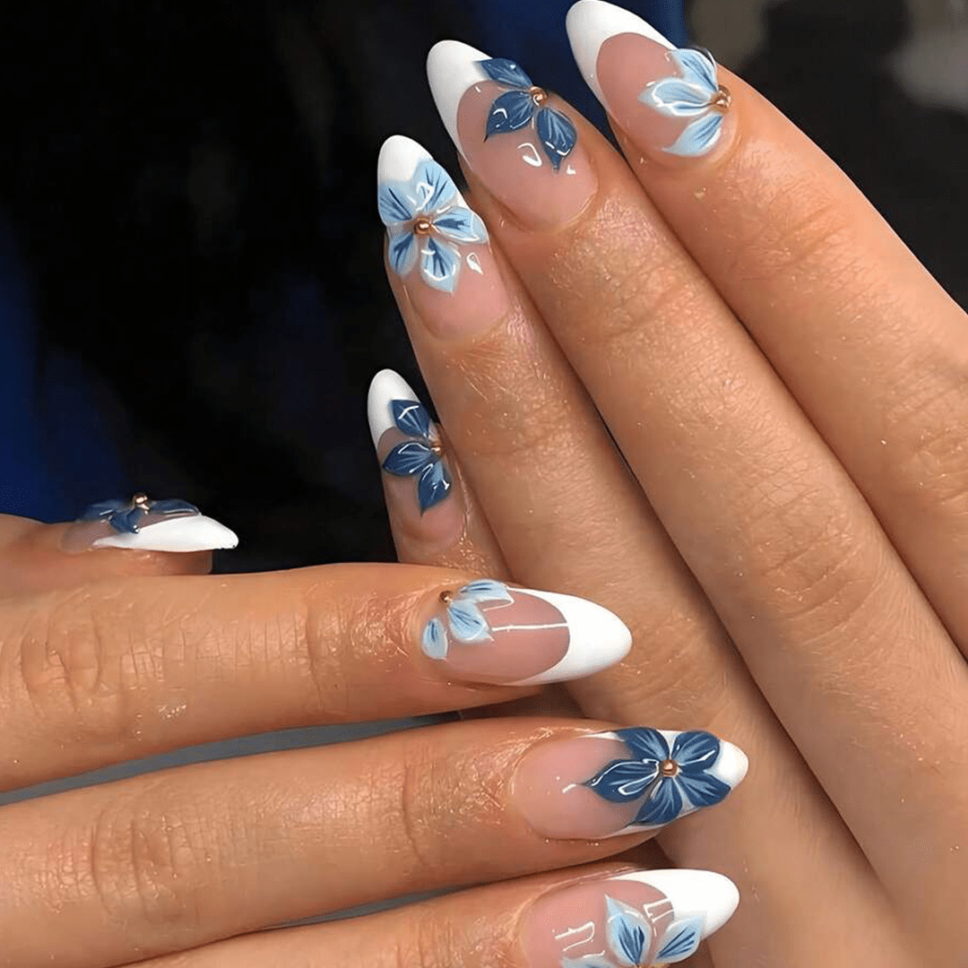 SHEIN 24pcs Almond-Shaped 3D Flower White French Press On Nails Press On Nails - XOXO cosmetics