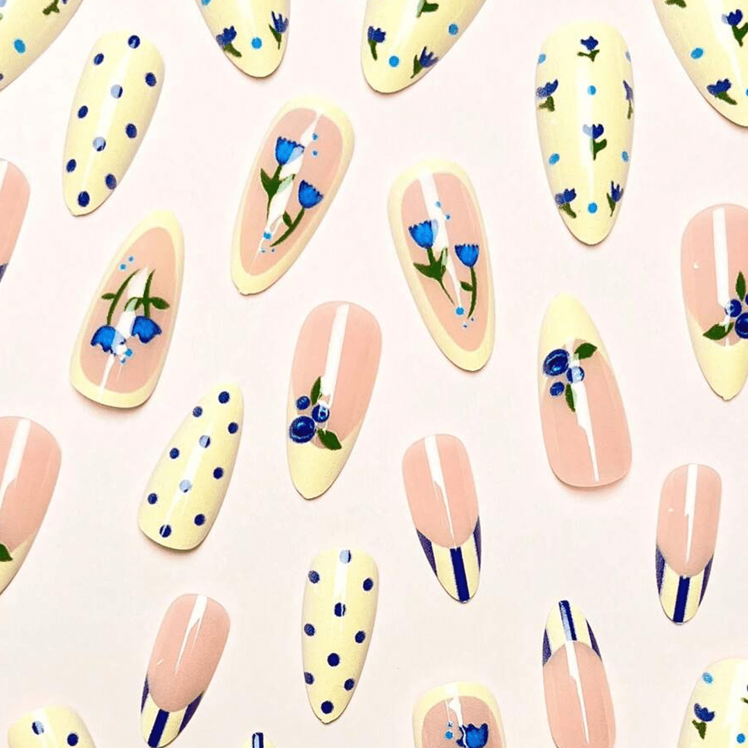 SHEIN 24pcs Almond Shaped Blue Polka Dot Striped Floral Press On Nails Press On Nails - XOXO cosmetics