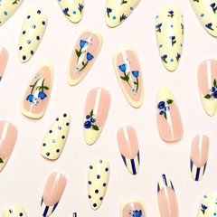 SHEIN 24pcs Almond Shaped Blue Polka Dot Striped Floral Press On Nails Press On Nails - XOXO cosmetics