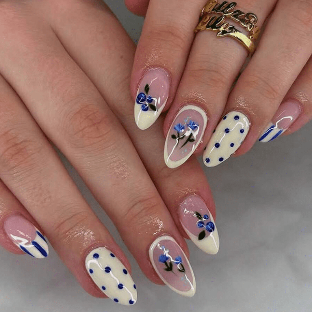 SHEIN 24pcs Almond Shaped Blue Polka Dot Striped Floral Press On Nails Press On Nails - XOXO cosmetics