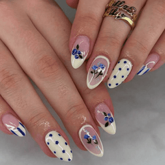 SHEIN 24pcs Almond Shaped Blue Polka Dot Striped Floral Press On Nails Press On Nails - XOXO cosmetics