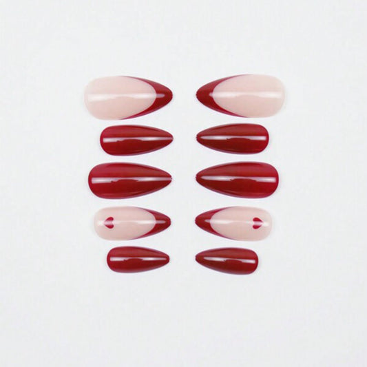 SHEIN 24pcs Almond Shaped Red French Tip With Heart Pattern Press On Nails Press On Nails - XOXO cosmetics