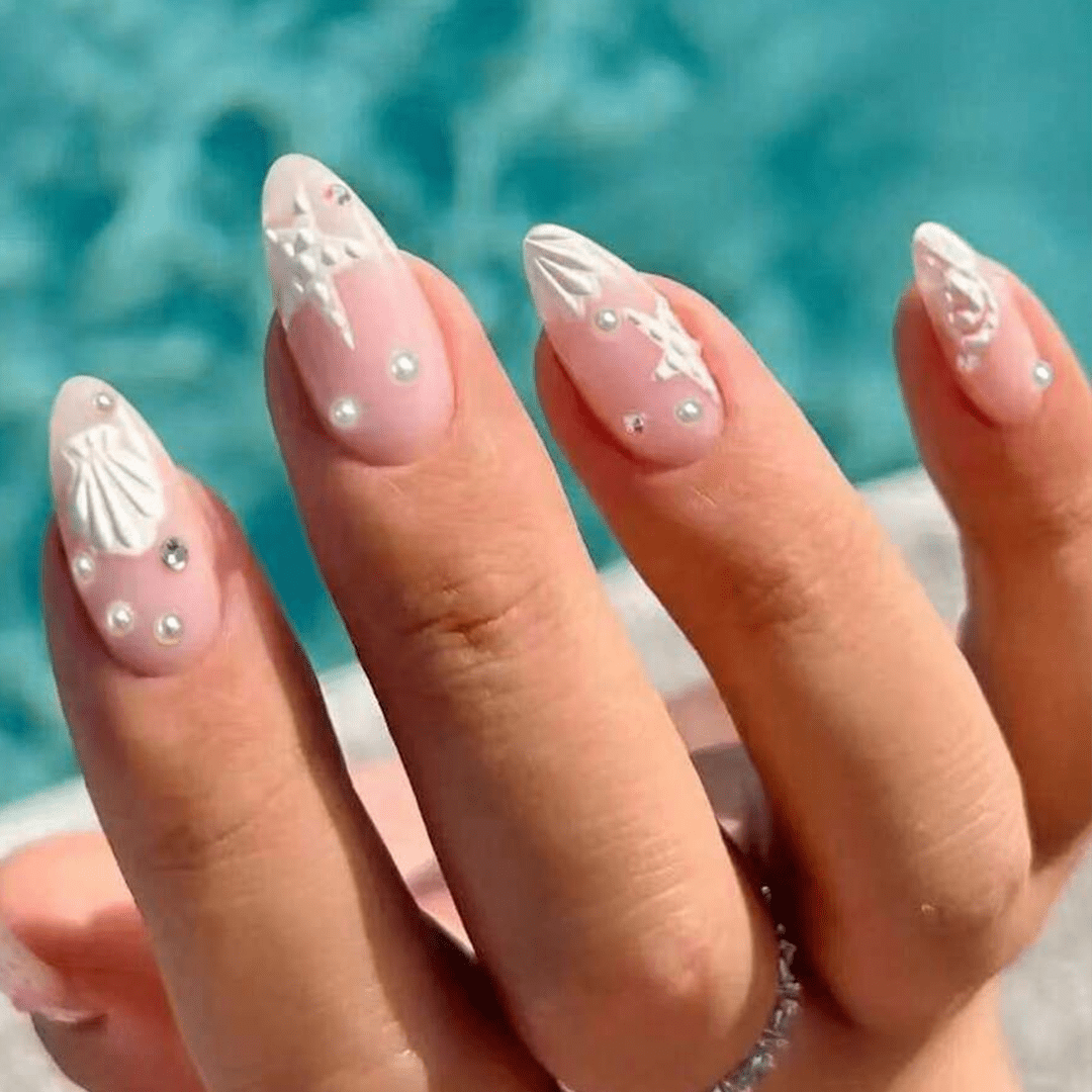 SHEIN 24pcs French Almond Ocean Style Elegant 3D Starfish Water Drop Flower Press On Nails Press On Nails - XOXO cosmetics