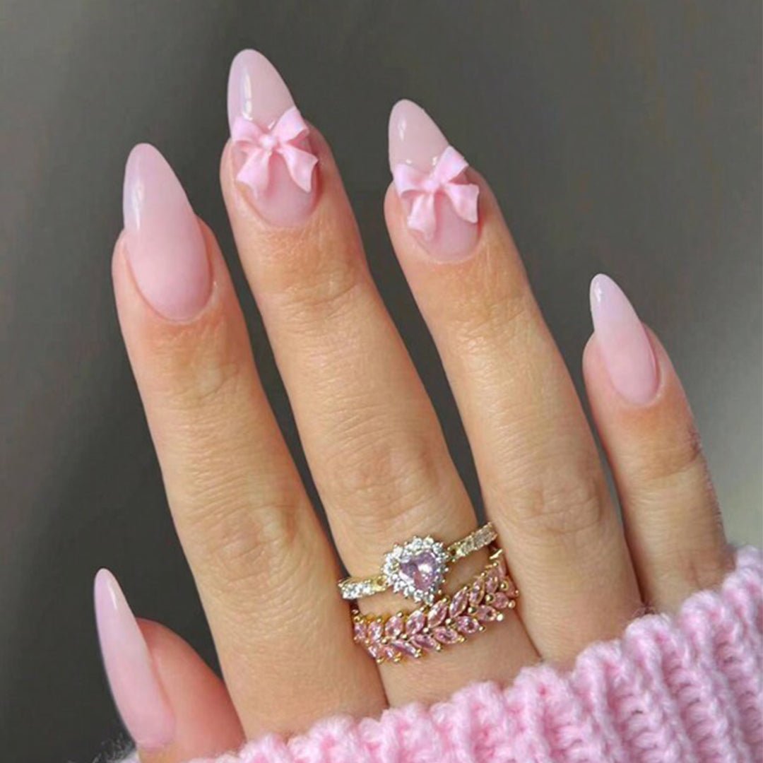 SHEIN 24pcs Long Almond Pink Bowknot Design Press On Nails Press On Nails - XOXO cosmetics