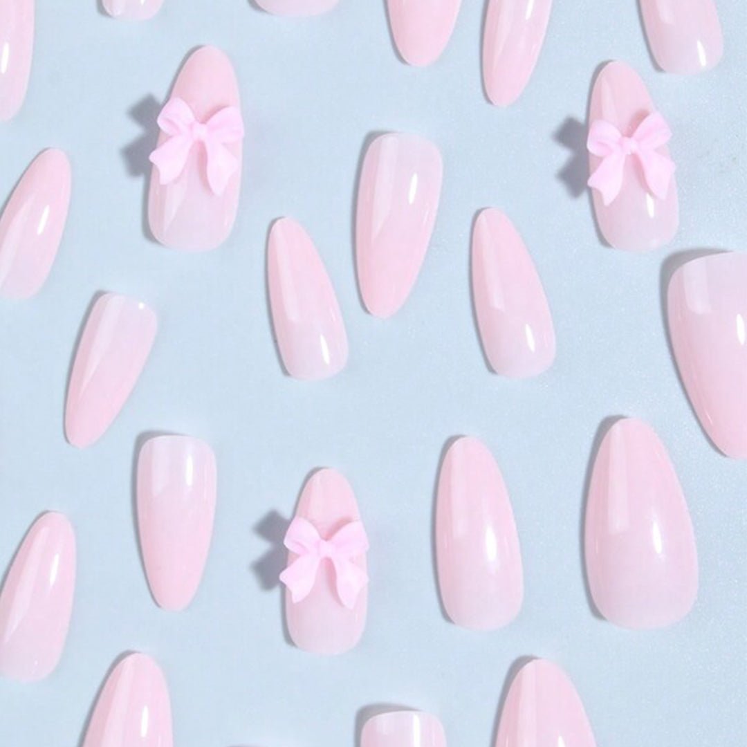 SHEIN 24pcs Long Almond Pink Bowknot Design Press On Nails Press On Nails - XOXO cosmetics