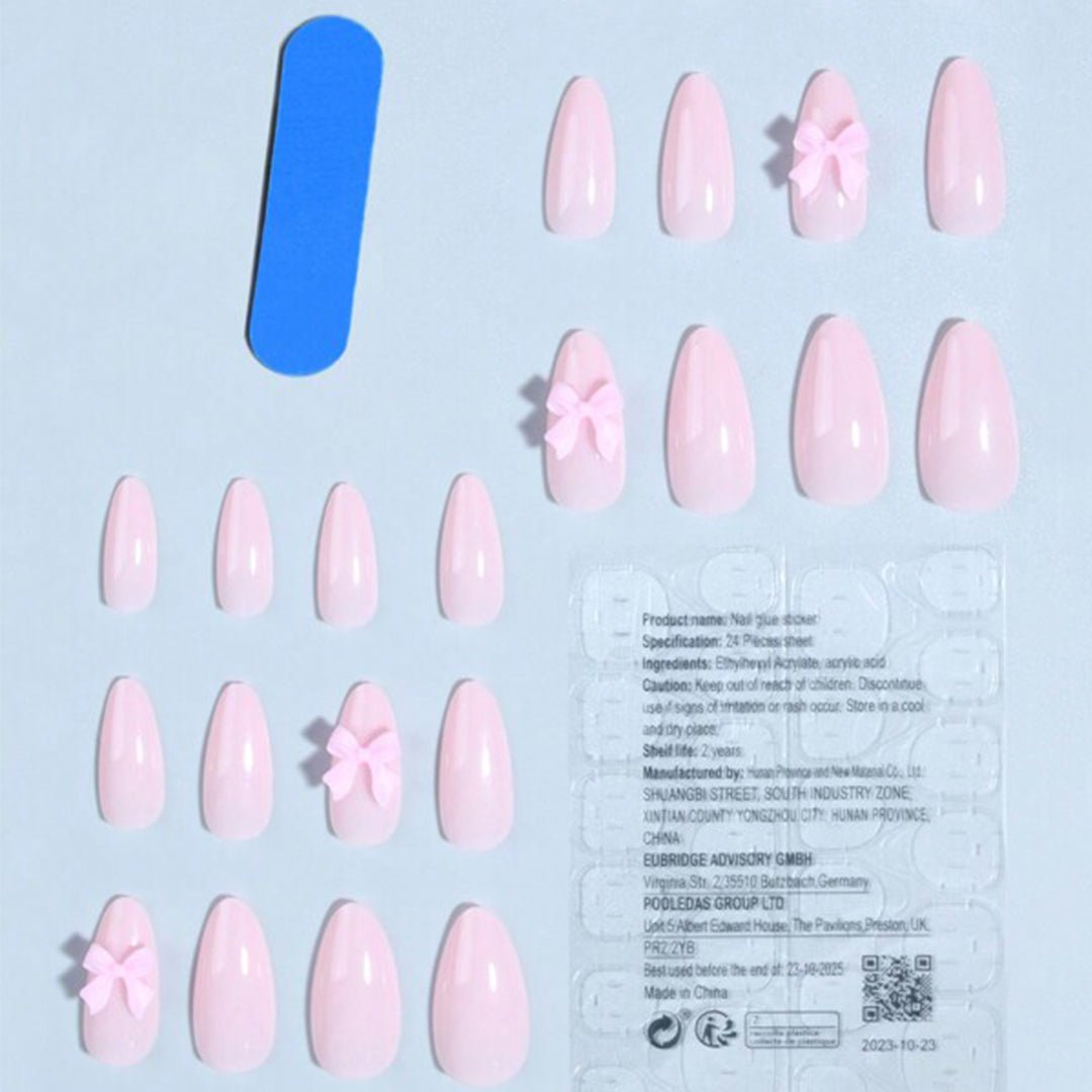 SHEIN 24pcs Long Almond Pink Bowknot Design Press On Nails Press On Nails - XOXO cosmetics