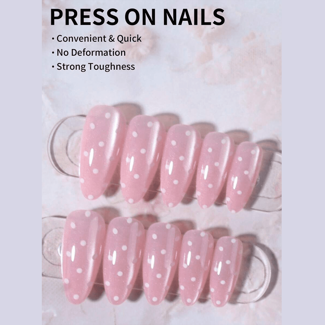 SHEIN 24pcs Long Almond-Shaped White Polka Dot Press On Nails Press On Nails - XOXO cosmetics