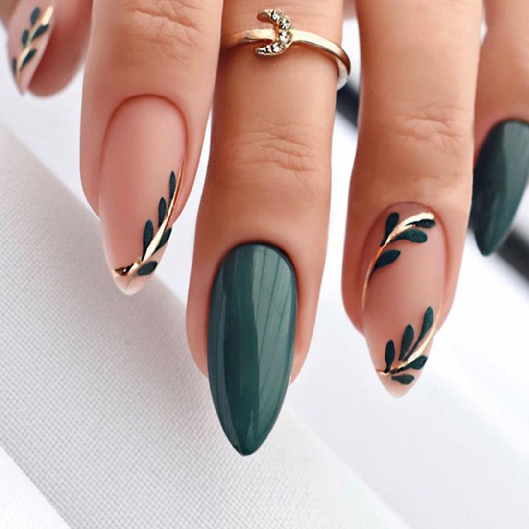 SHEIN 24pcs Long Almond Solid Green Leaf Pattern Press On Nails Press On Nails - XOXO cosmetics