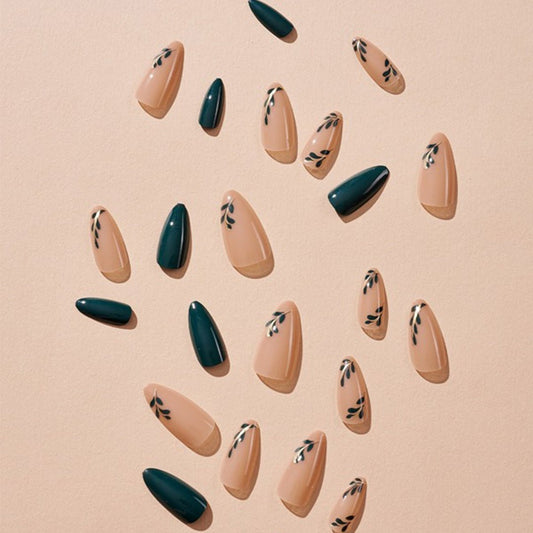 SHEIN 24pcs Long Almond Solid Green Leaf Pattern Press On Nails Press On Nails - XOXO cosmetics