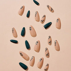 SHEIN 24pcs Long Almond Solid Green Leaf Pattern Press On Nails Press On Nails - XOXO cosmetics