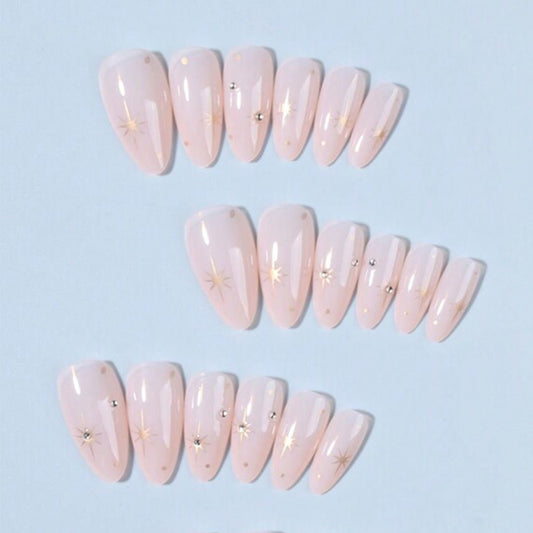 SHEIN 24pcs Long Almond Stars With Rhinestones Design Tip Press On Nails Press On Nails - XOXO cosmetics