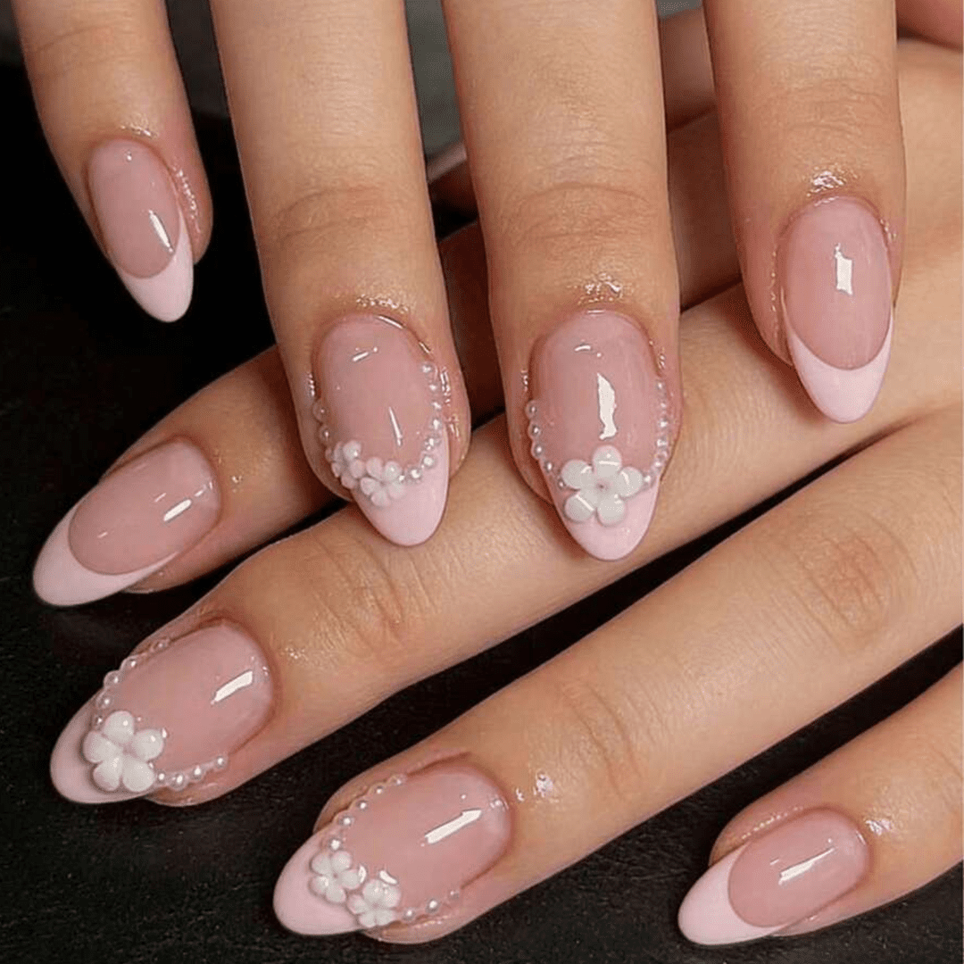 SHEIN 24pcs Medium Almond Shaped Blue Ombre Icy Blue Floral Press On Nails Press On Nails - XOXO cosmetics