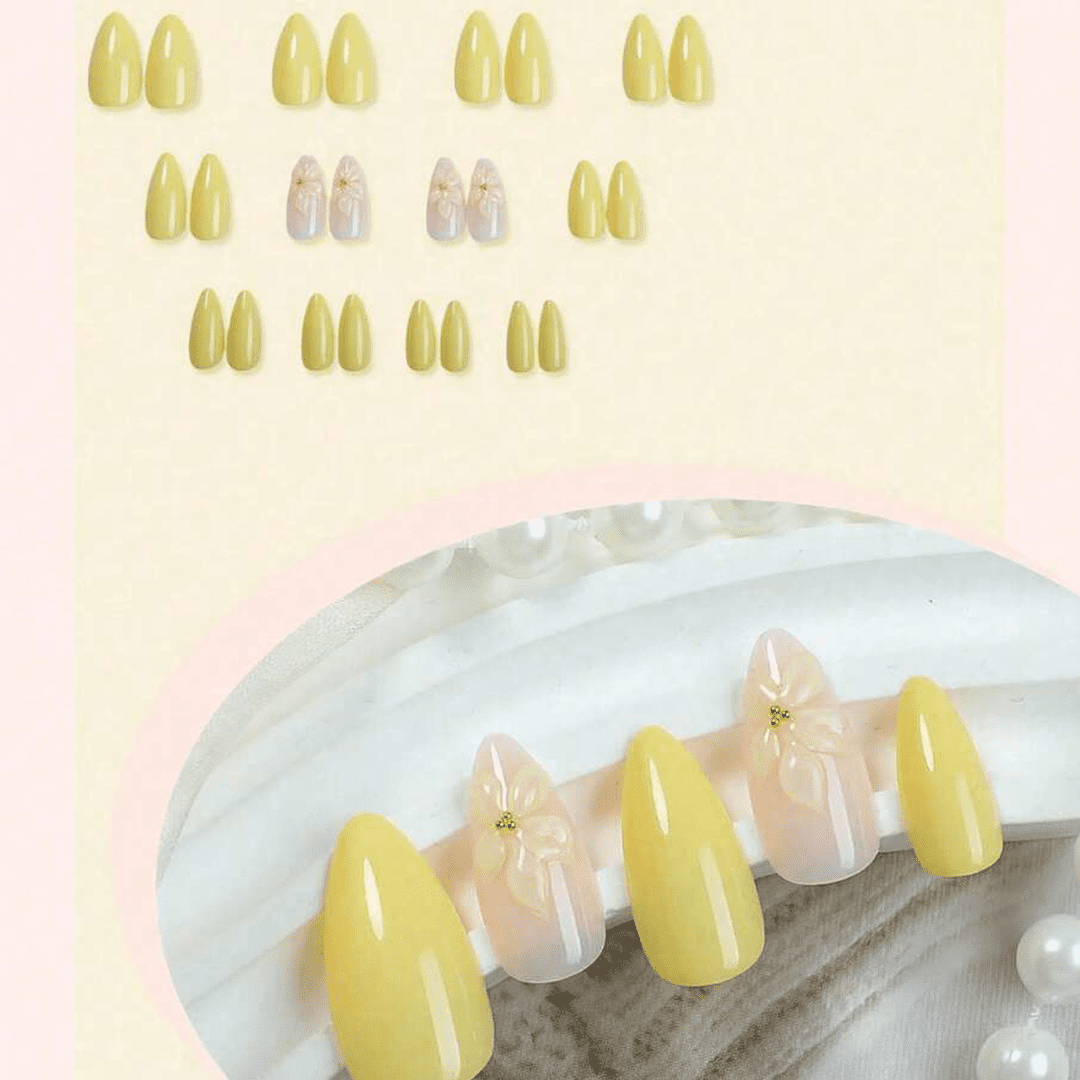 SHEIN 24pcs Medium Almond-Shaped Yellow Nude 3D Ombre Floral Press On Nails Press On Nails - XOXO cosmetics