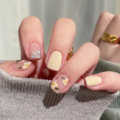 SHEIN 24pcs Medium Square Yellow Floral PatternPress On Nails Press On Nails - XOXO cosmetics