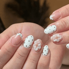 SHEIN 24pcs Oval White French 3D Gel Flower Press On Nails Press On Nails - XOXO cosmetics