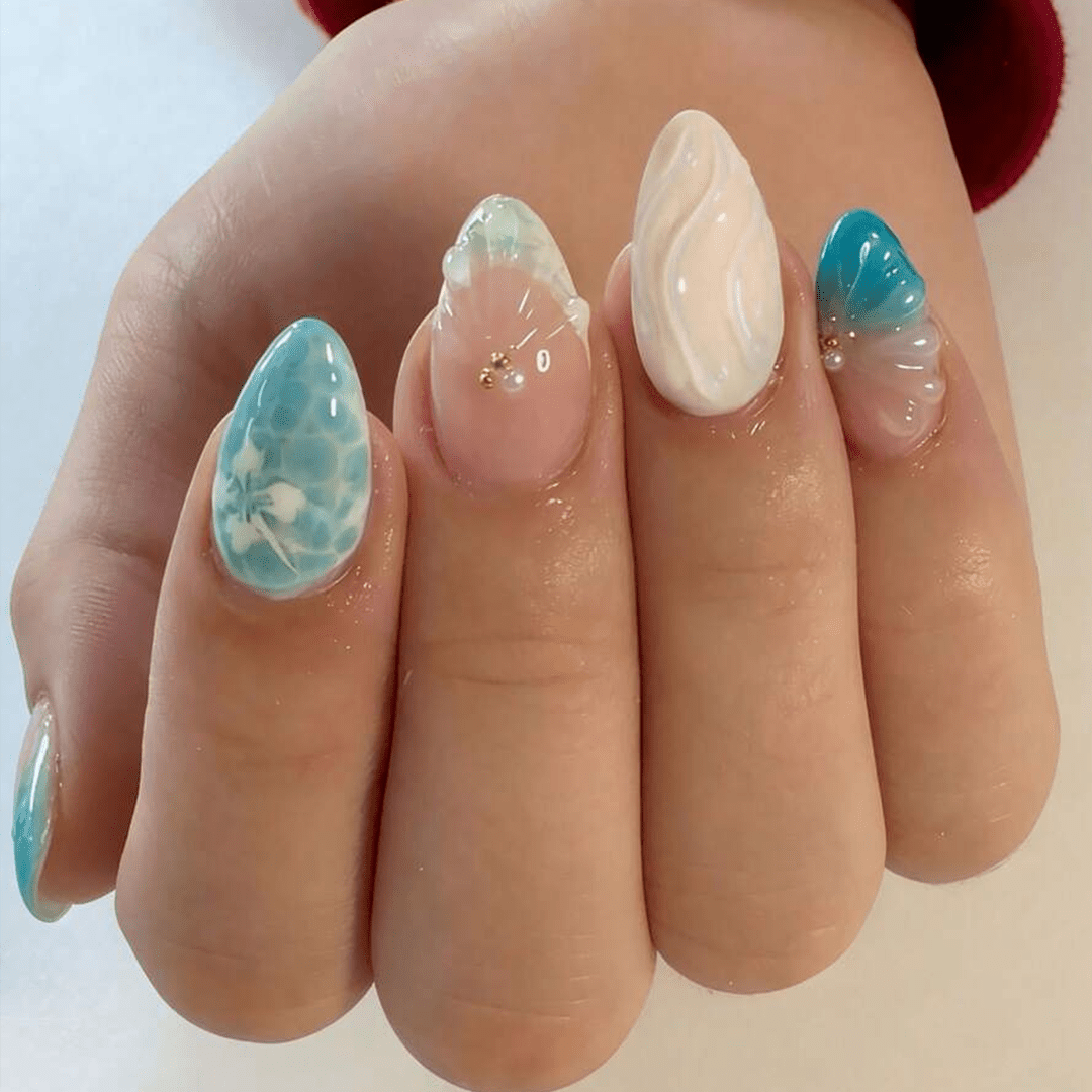 SHEIN 24pcs Short Almond Shaped 3D Gel Ocean Beach Floral Patterns Press On Nails Press On Nails - XOXO cosmetics