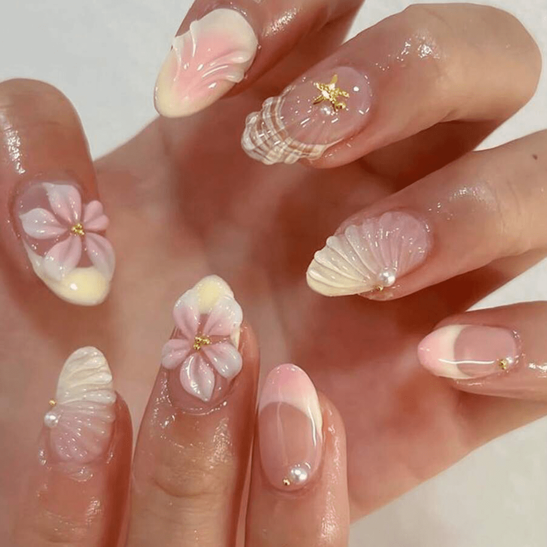 SHEIN 24pcs Short Oval 3D Flower & Pearl Design Press On Nails Press On Nails - XOXO cosmetics
