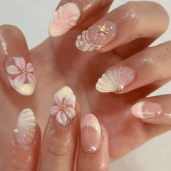 SHEIN 24pcs Short Oval 3D Flower & Pearl Design Press On Nails Press On Nails - XOXO cosmetics