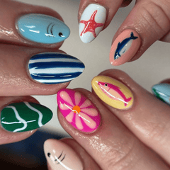 SHEIN 24pcs Summer Ocean Dolphin Starfish Floral Striped Press On Nails Press On Nails - XOXO cosmetics