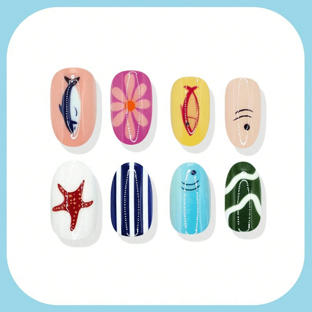 SHEIN 24pcs Summer Ocean Dolphin Starfish Floral Striped Press On Nails Press On Nails - XOXO cosmetics
