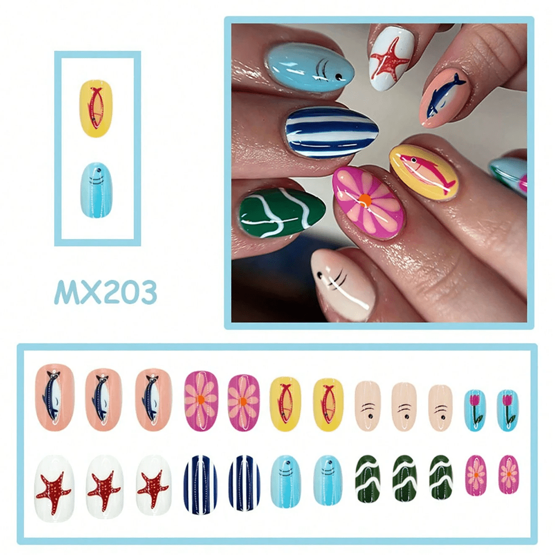 SHEIN 24pcs Summer Ocean Dolphin Starfish Floral Striped Press On Nails Press On Nails - XOXO cosmetics