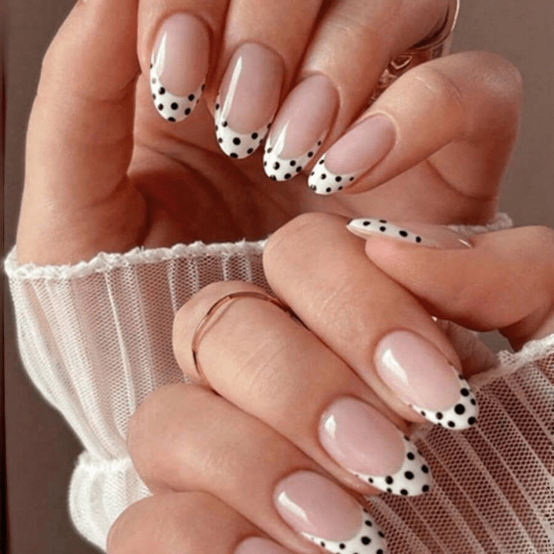 SHEIN 24pcs White Polka Dot Almond Shaped Press On Nails Press On Nails - XOXO cosmetics