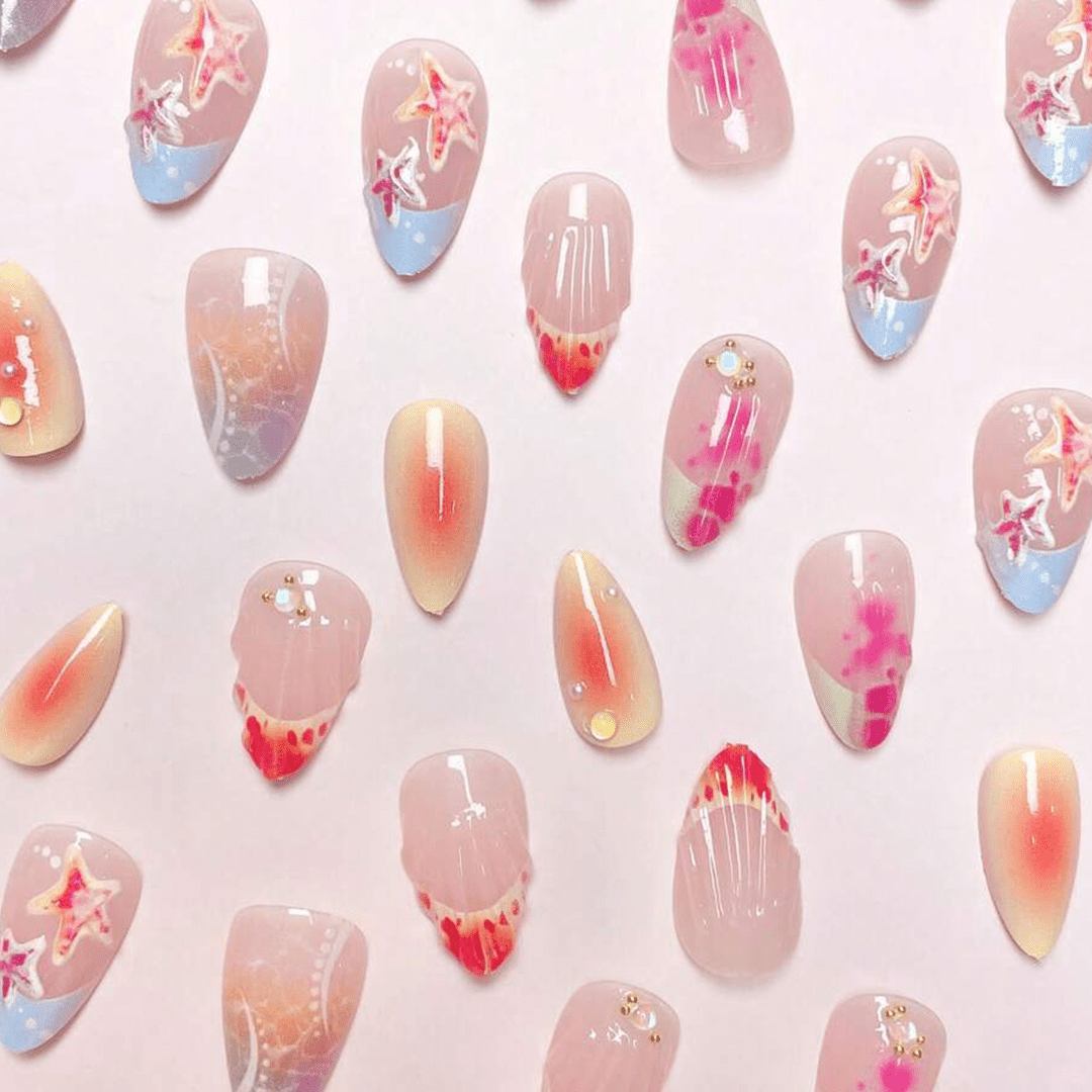 SHEIN 30Pcs Summer Colorful Ocean Element Short Almond Shaped Press-On Nails Press On Nails - XOXO cosmetics