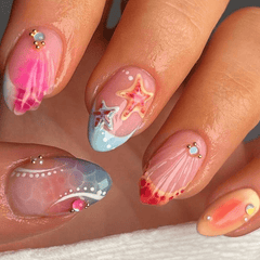 SHEIN 30Pcs Summer Colorful Ocean Element Short Almond Shaped Press-On Nails Press On Nails - XOXO cosmetics