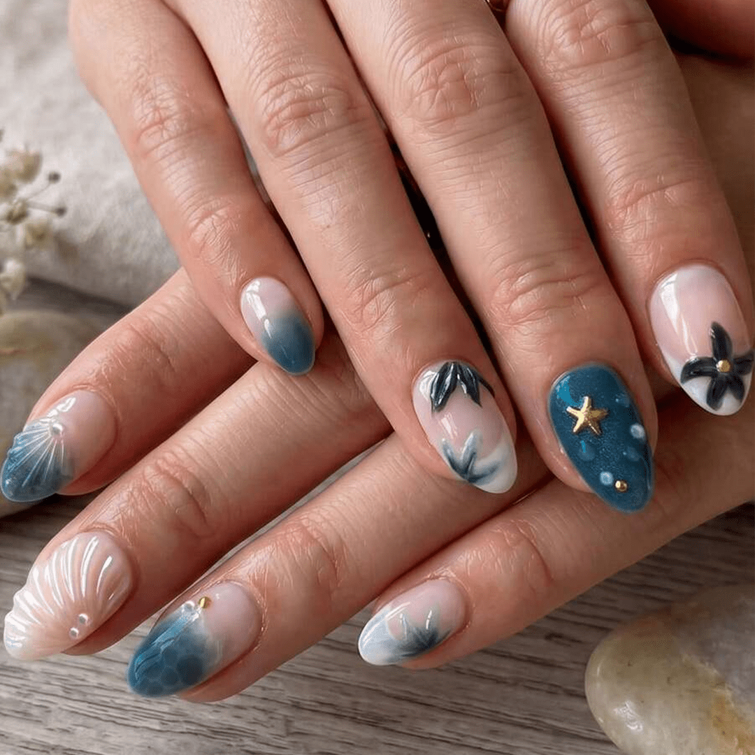 SHEIN 30pcs Almond Shape 3D Gel Cat Eye Flower Ocean Press On Nails Press On Nails - XOXO cosmetics