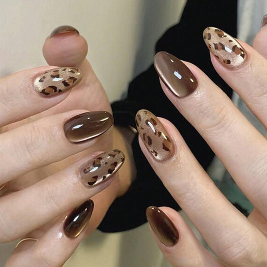 SHEIN 30pcs Glossy Short-Oval Press On Nails Brown Cat's Eye Press On Nails Press On Nails - XOXO cosmetics