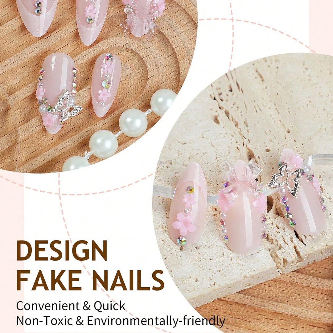 SHEIN 3D Rhinestone & White Bow & Metal Butterfly & Pink Flower Press On Nails Press On Nails - XOXO cosmetics