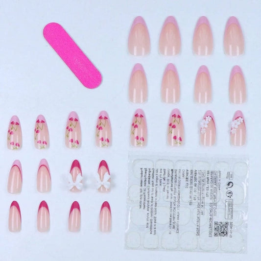 SHEIN Almond Pink French Bows & Flowers Press On Nails Press On Nails - XOXO cosmetics