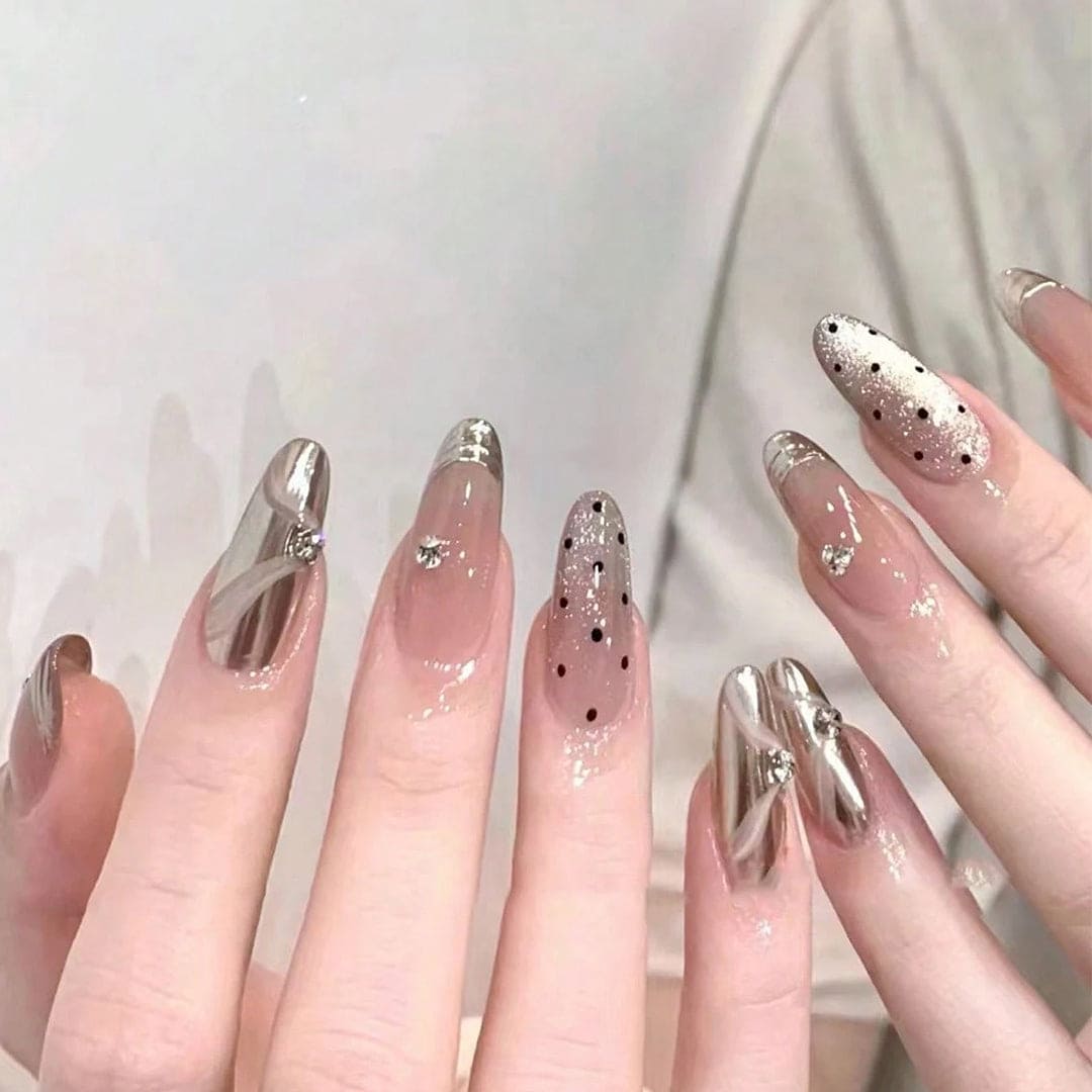 SHEIN Diamond-Encrusted Nude Stiletto Cat Eye Polka Dot Press On Nails Press On Nails - XOXO cosmetics