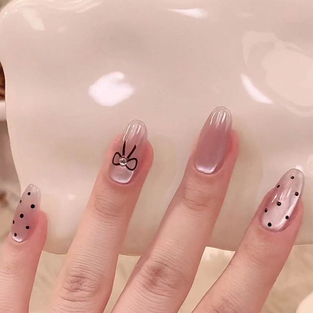 SHEIN French Nude Skin Polka Dot Bow Press On Nails Press On Nails - XOXO cosmetics