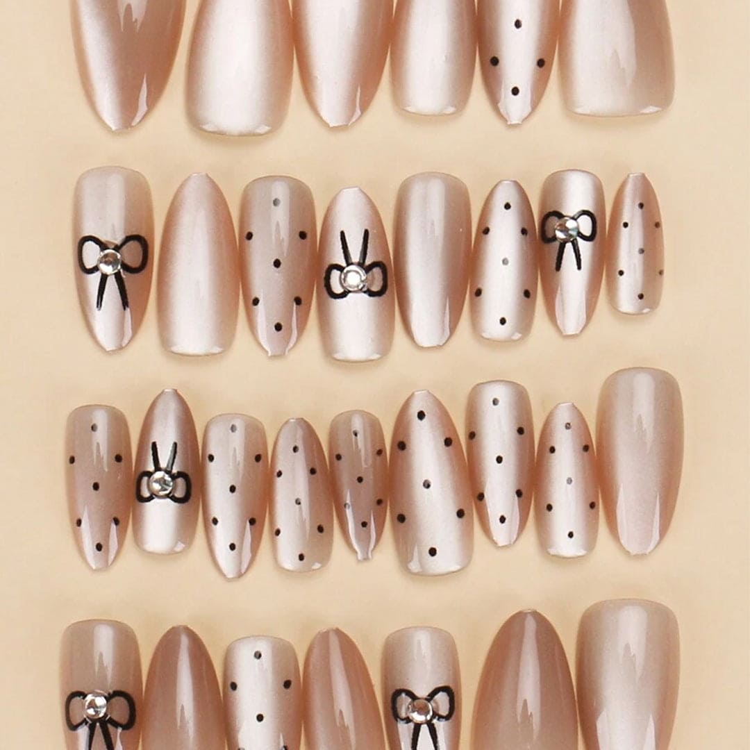 SHEIN French Nude Skin Polka Dot Bow Press On Nails Press On Nails - XOXO cosmetics