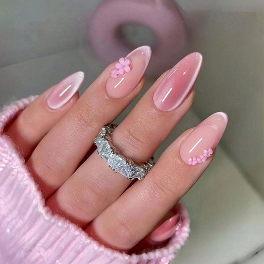SHEIN French Style Pink Cat Eye & Small Flower Press On Nails Press On Nails - XOXO cosmetics