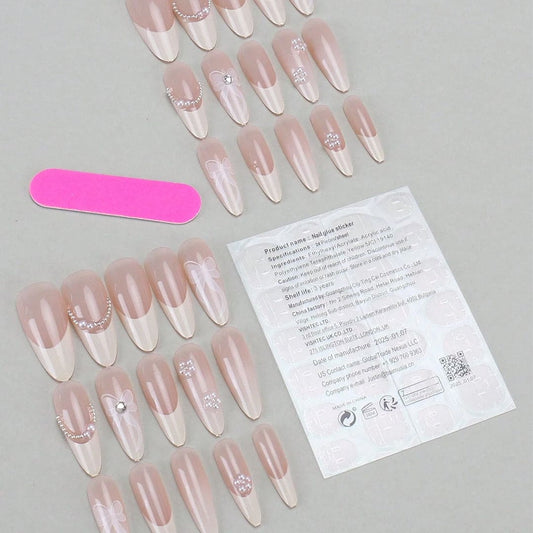 SHEIN Pearl Bow Medium Almond Shaped Press On Nails Press On Nails - XOXO cosmetics