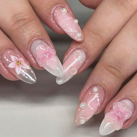 SHEIN Pink 3D Floral Faux Pearl Medium Almond Shape Press On Nails Press On Nails - XOXO cosmetics