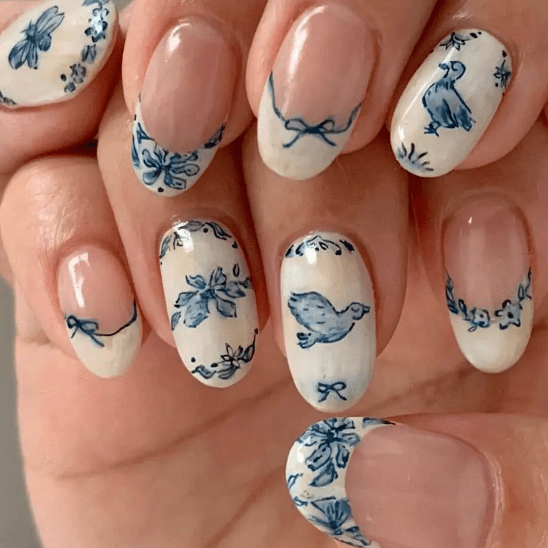 SHEIN Short Oval 24Pcs Flower Nails Blue Bow Press On Nails Press On Nails - XOXO cosmetics