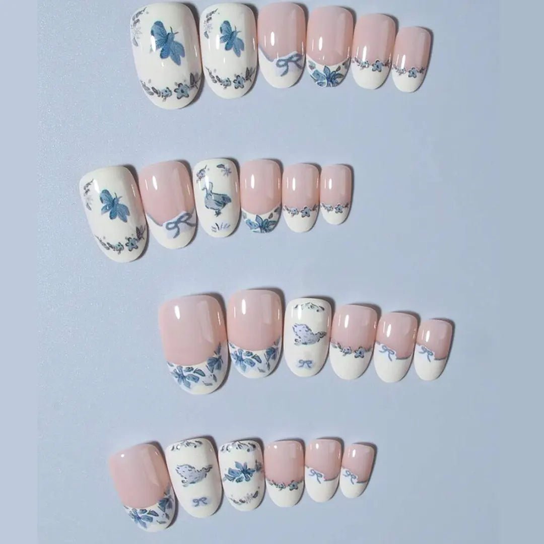 SHEIN Short Oval 24Pcs Flower Nails Blue Bow Press On Nails Press On Nails - XOXO cosmetics