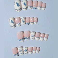 SHEIN Short Oval 24Pcs Flower Nails Blue Bow Press On Nails Press On Nails - XOXO cosmetics
