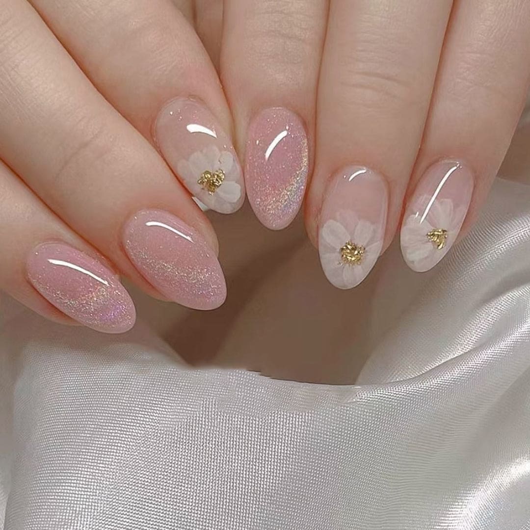 SHEIN Short Shimmer Flower & Star Oval Shape Press On Nails Press On Nails - XOXO cosmetics