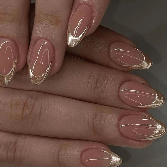 SHEIN Simple & Elegant Almond Gold French Style Press On Nails Press On Nails - XOXO cosmetics
