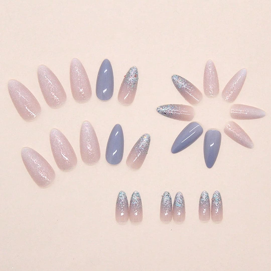 SHEIN Transparent Glittery Blue Long Almond Shaped Press On Nails Press On Nails - XOXO cosmetics