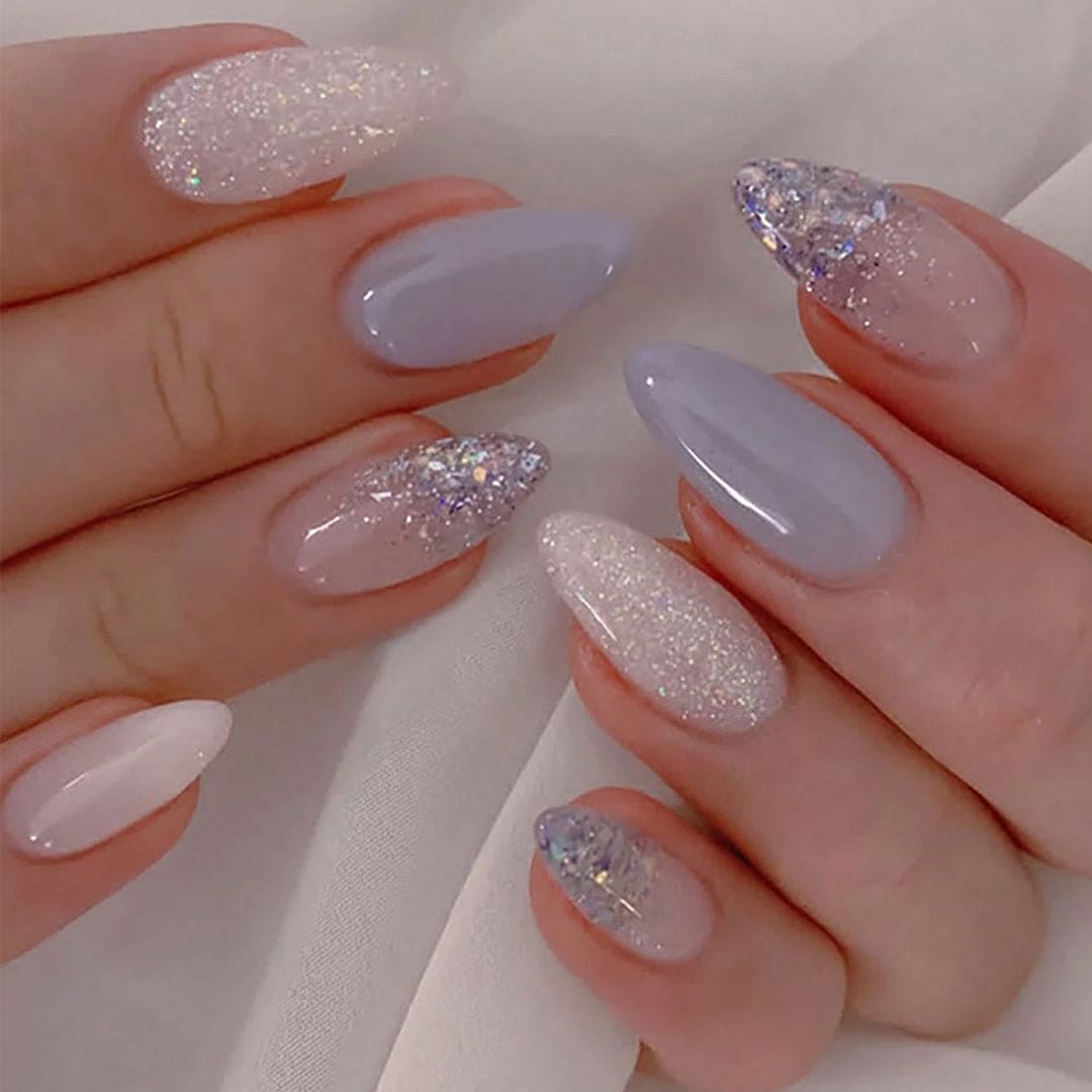 SHEIN Transparent Glittery Blue Long Almond Shaped Press On Nails Press On Nails - XOXO cosmetics